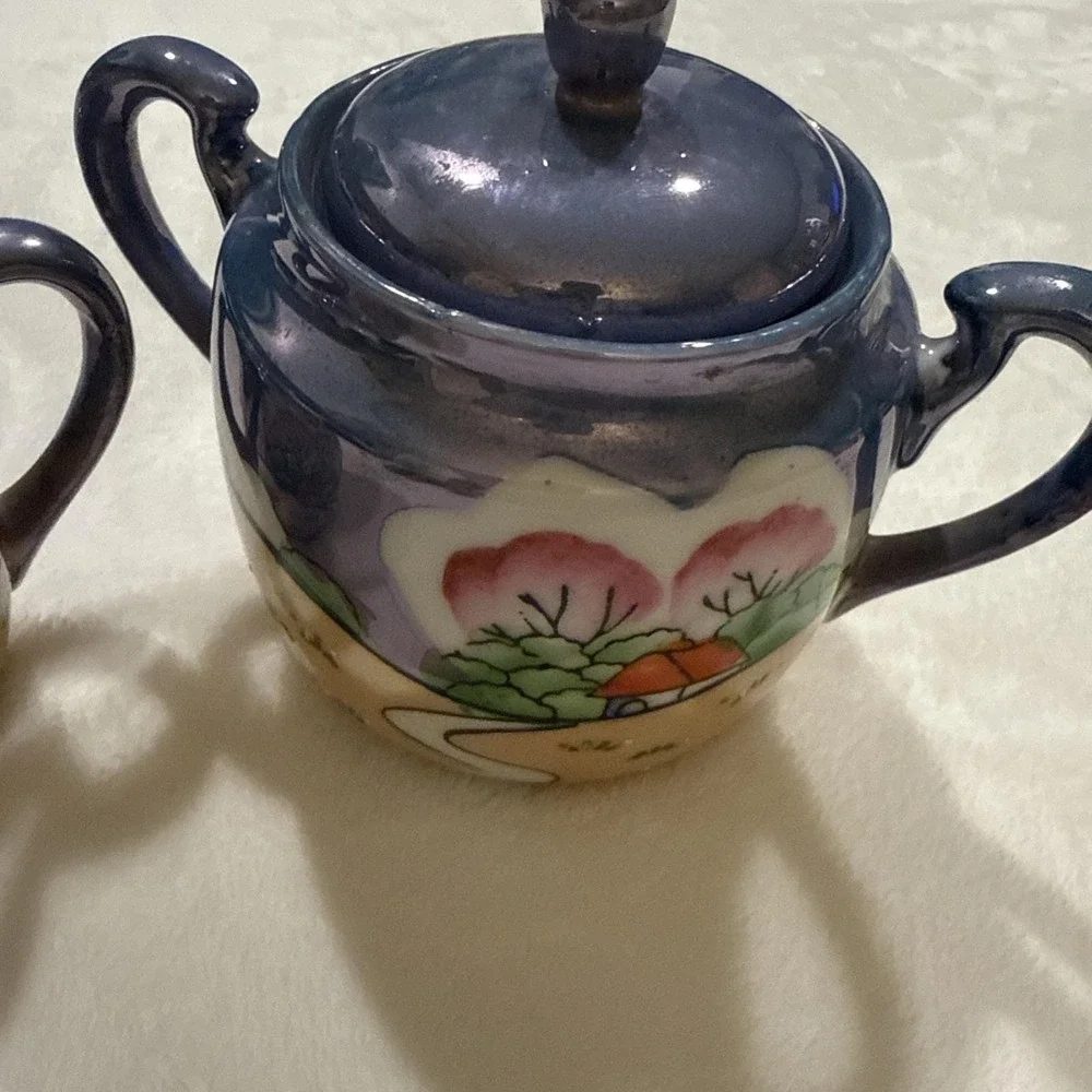 Vintage Japan Lusterware Creamer & Sugar Bowl Blue Peach Road Scene